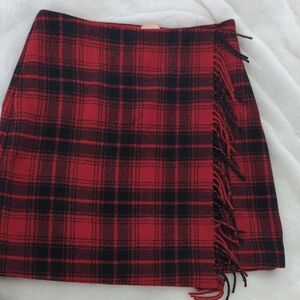LOFT Red and Black Checkered Mini Skirt with Side Fringe